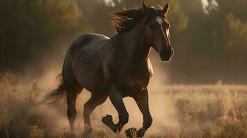 blanc sauvage cheval fonctionnement dans le prairie, la nature brouiller Contexte avec lot de poussière sur le sol. ai généré photo