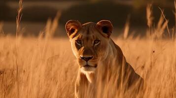 proche en haut portrait féroce carnivore femelle lion, regard ou à la recherche à le caméra à le savane désert Contexte. ai généré photo