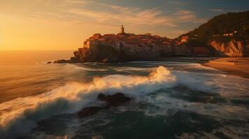 captivant côtier le coucher du soleil avec plage, vibrant ciel, bâtiment, océan, doux vagues, loin Urbain architecture, et serein mer beauté dans la nature. ai généré photo