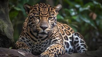 féroce carnivore léopard asseoir et détendu et regard à quelque chose avec la nature Contexte. ai généré photo