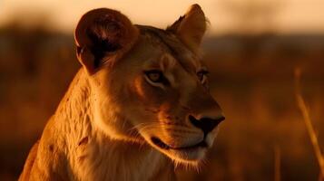 proche en haut portrait de côté visage féroce carnivore femelle lion, regard ou à la recherche tout droit vers l'avant à le savane désert Contexte. ai généré photo