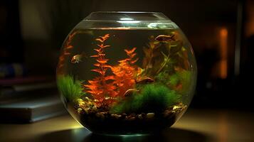 vibrant sous-marin écosystème dans une petit rond poisson réservoir aquarium avec coloré calcul, aquarium ornement, poisson, et artificiel aquatique les plantes. ai généré photo