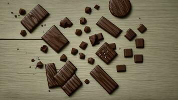 pièces de foncé Chocolat sur une en bois arrière-plan, tonique ai généré photo