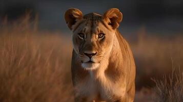 proche en haut portrait féroce carnivore femelle lion, regard ou à la recherche à le caméra à le savane désert Contexte. ai généré photo