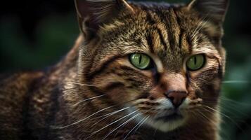 une portrait de gris Bande national animal de compagnie maison chat avec vert yeux et sur garde visage regarder à quelque chose brouiller Contexte. ai généré photo
