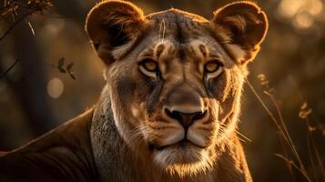 proche en haut portrait féroce carnivore femelle lion, regard ou à la recherche à le caméra à le savane désert Contexte. ai généré photo