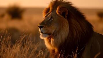 proche en haut portrait de côté visage féroce carnivore Masculin Lion regard ou à la recherche tout droit vers l'avant à le savane désert Contexte. ai généré photo