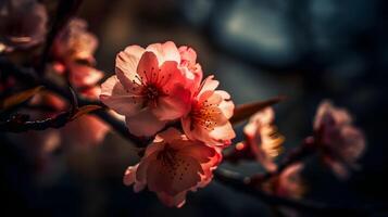 magnifique proche en haut une branche de rose Cerise fleur fleurs ou Sakura fleurs à le arbre floue Contexte. ai généré photo