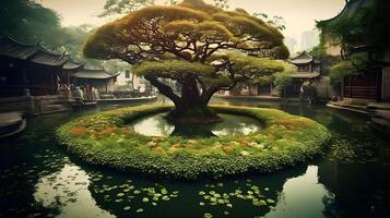 étourdissant jardin dans le centre de le étang avec miroir comme étang réflexion, avec la nature beauté Oriental pavillon. ai généré photo