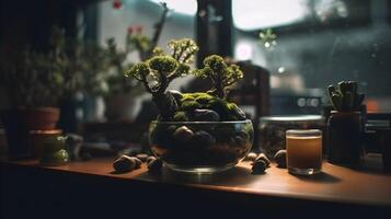 magnifique terrarium écosystème avec vibrant plante la vie et réfléchissant verre. ai généré photo