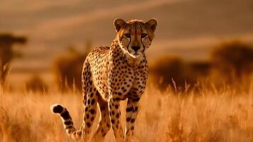 féroce carnivore léopard en marchant et chasse à le savane désert Contexte. ai généré photo