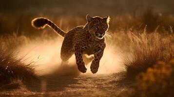 féroce carnivore léopard fonctionnement et chasse à avoir le proie à le savane désert Contexte. ai généré photo