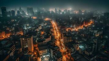 magnifique métropolitain ville gratte-ciel haute monter bâtiment dans le nuit ciel occupé nuit vie, brumeux brumeux ville paysage. ai généré photo