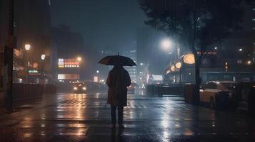 silhouette de une homme en portant un parapluie dans une lourd pluie dans le vers le bas ville à nuit. ai généré photo