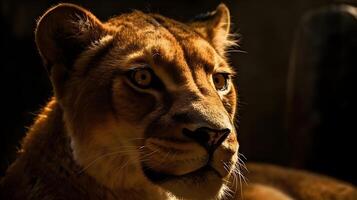 proche en haut portrait de côté visage féroce carnivore femelle Lion asseoir et repos, regard ou à la recherche tout droit vers l'avant à le savane désert Contexte. ai généré photo