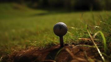 une le golf Balle sur herbe champ dans une le golf Balle supporter prêt à frapper. ai généré photo