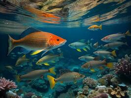 une groupe de poisson nager dans le océan ai généré photo