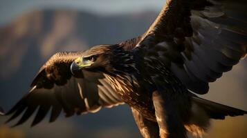 proche en haut coup de d'or Aigle aquila chrysaetos en volant contagieux une proie.ai généré photo