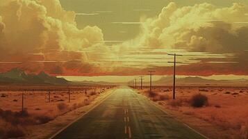 lisse asphalte route par le désert. abstrait paysage peint dans huile. Publier apocalyptique paysage, vide Contexte photo