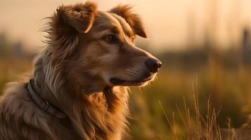 proche en haut photo de marron basque berger chien asseoir et Regardez tout droit vers l'avant avec la nature Contexte. ai généré