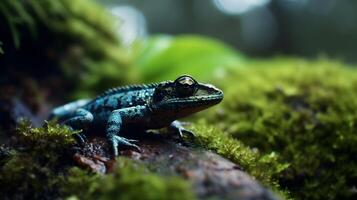 calottes mystacée bleu lézard proche en haut dans la nature brouiller Contexte. ai généré photo