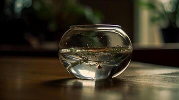 une rond transparent aquarium pour poisson et aquatique plante ou terrarium. un aquarium avec moitié plein de l'eau. ai généré photo