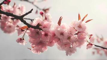 magnifique proche en haut une branche de doux rose Cerise fleur fleurs ou Sakura fleurs à le arbre blanc ciel Contexte. ai généré photo