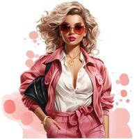 Barbie mode, magnifique blond femme dans une portrait portant une rose branché tenue ai génératif photo
