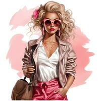 Barbie mode, magnifique blond femme dans une portrait portant une rose branché tenue ai génératif photo