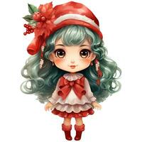 mignonne peu fille avec longue frisé cheveux et rouge Noël chapeau, Noël journée ai génératif photo