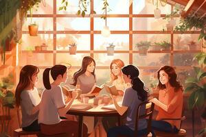 groupe de Jeune gens séance dans une café et en train de lire une livre. illustration dans plat style ai génératif photo