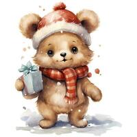 mignonne nounours ours en portant une empiler de Noël cadeaux sur blanc Contexte illustration ai génératif photo