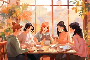 groupe de Jeune gens séance dans une café et en train de lire une livre. illustration dans plat style ai génératif photo