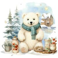 une blanc polaire ours dans une Père Noël claus chapeau et écharpe est assis sur une neigeux Contexte ai génératif photo