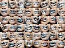 une collage de beaucoup différent lèvres avec argent peindre - ai généré - génératif ai photo