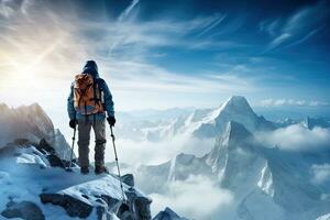 une homme permanent sur Haut de une Montagne avec le sien retour à le Soleil photo