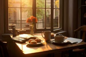 Matin café et journal sur une confortable petit déjeuner tableau. photo