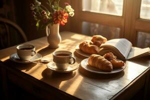 Matin café et journal sur une confortable petit déjeuner tableau. photo