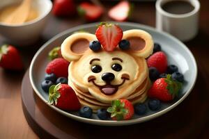 amusement enfant petit-déjeuner, crêpe ours souriant visage avec divers des fruits. photo