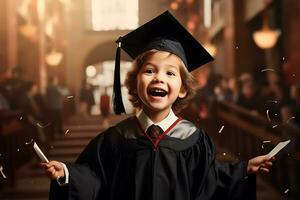 une enfant prodige célébrer l'obtention du diplôme avec certificat et casquette. ai généré. photo