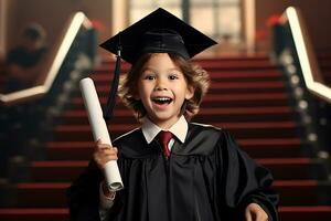 une enfant prodige célébrer l'obtention du diplôme avec certificat et casquette. ai généré. photo