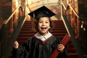 une enfant prodige célébrer l'obtention du diplôme avec certificat et casquette. ai généré. photo