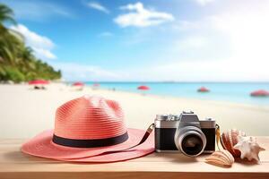 été idée concept de plage accessoires consister ancien caméra, chapeau et bouquet de coquilles. ai généré. photo