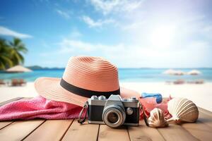 été idée concept de plage accessoires consister ancien caméra, chapeau et bouquet de coquilles. ai généré. photo