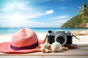 été idée concept de plage accessoires consister ancien caméra, chapeau et bouquet de coquilles. ai généré. photo