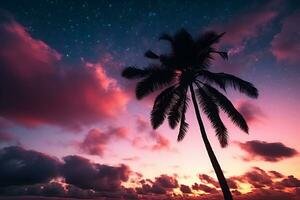 tropical le coucher du soleil paume arbre en dessous de galaxie le coucher du soleil ciel. ai généré. photo