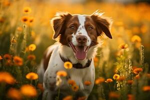 Bretagne chien Heureusement fonctionnement dans le fleurs sauvages champ. ai généré. photo