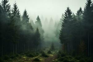 des arbres suivant à chaque autre dans le forêt dans brume. ai généré. photo