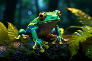 vibrant aux yeux rouges arbre grenouille sur le feuille. ai généré. photo