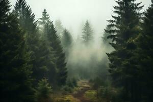 des arbres suivant à chaque autre dans le forêt dans brume. ai généré. photo